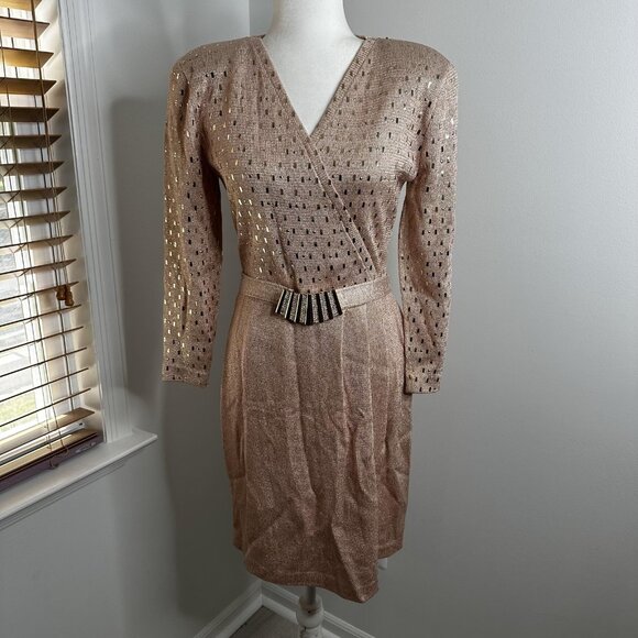 St. John Dresses & Skirts - Vtg St John Dress Sz S/M Gold Metallic Santana Knit Long Sleeve Belted Faux Wrap